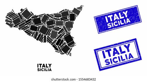 Mosaic Sicilia map and rectangle seal stamps. Flat vector Sicilia map mosaic of scattered rotated rectangle elements. Blue caption seal stamps with scratched surface.