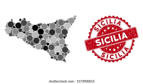 Mosaic Sicilia map and round seal stamp. Flat vector Sicilia map mosaic of random round items. Red seal with scratched style. Designed for political and patriotic projects.