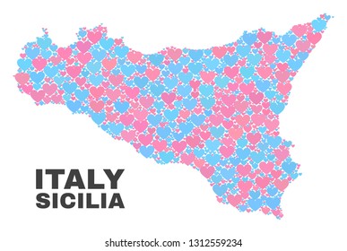 Mosaic Sicilia map of valentine hearts in pink and blue colors isolated on a white background. Lovely heart collage in shape of Sicilia map. Abstract design for Valentine decoration.