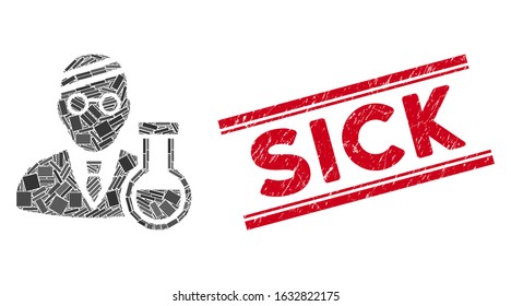 Mosaic sick chemist icon and red Sick stamp between double parallel lines. Flat vector sick chemist mosaic icon of scattered rotated rectangular elements. Red Sick seal stamp with dirty surface.