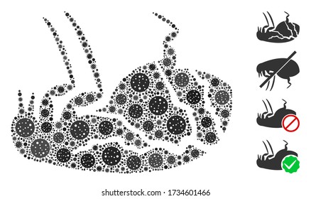Mosaic sick flea designed from coronavirus icons in different sizes and color hues. Vector infection parts are grouped into abstract mosaic sick flea icon. Some bonus icons are added.