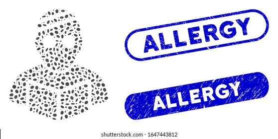 Mosaik kranke Studentin und korrodierte Briefmarken Siegel mit Allergy-Text. Die mosaikische Vektorillustration krank Schüler ist mit zufälligen elliptischen Gegenständen entworfen. Allergiesiegel verwenden blaue Farben und haben ein rundes Rechteck.
