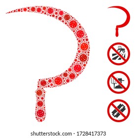 Mosaic sickle designed from covid-2019 virus icons in variable sizes and color hues. Vector infection icons are composed into abstract mosaic sickle icon. Some bonus icons are added.