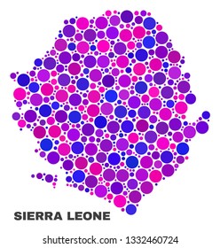 Mosaic Sierra Leone map isolated on a white background. Vector geographic abstraction in pink and violet colors. Mosaic of Sierra Leone map combined of random spheric elements.