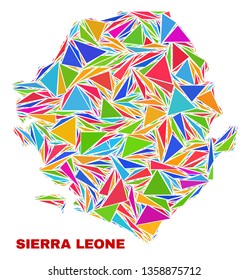 Mosaic Sierra Leone map of triangles in bright colors isolated on a white background. Triangular collage in shape of Sierra Leone map. Abstract design for patriotic illustrations.