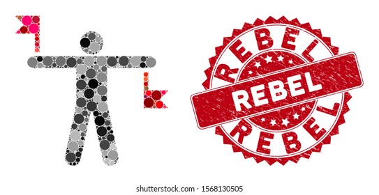 Mosaic signal flags and rubber stamp seal with Rebel text. Mosaic vector is created with signal flags icon and with randomized round spots. Rebel stamp uses red color, and scratched surface.