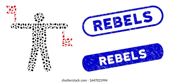 Mosaic signal flags and rubber stamp seals with Rebels caption. Mosaic vector signal flags is formed with scattered elliptic parts. Rebels seals use blue color, and have round rectangle shape.