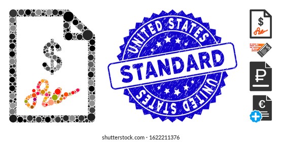 Mosaic signed invoice icon and grunge stamp seal with United States Standard caption. Mosaic vector is formed with signed invoice pictogram and with randomized round elements.