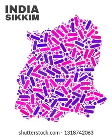 Mosaic Sikkim State map isolated on a white background. Vector geographic abstraction in pink and violet colors. Mosaic of Sikkim State map combined of random circle points and lines.