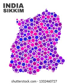 Mosaic Sikkim State map isolated on a white background. Vector geographic abstraction in pink and violet colors. Mosaic of Sikkim State map combined of scattered spheric items.