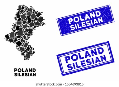 Mosaic Silesian Voivodeship map and rectangular stamps. Flat vector Silesian Voivodeship map mosaic of randomized rotated rectangular elements. Blue caption stamps with corroded surface.