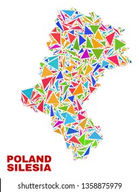 Mosaic Silesian Voivodeship map of triangles in bright colors isolated on a white background. Triangular collage in shape of Silesian Voivodeship map. Abstract design for patriotic purposes.