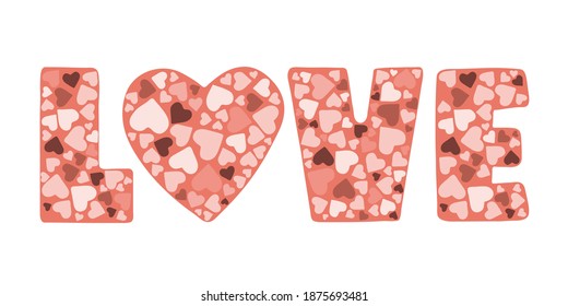 Mosaic silhouette Love slogan text with hearts for t-shirt graphics, fashion prints and other uses