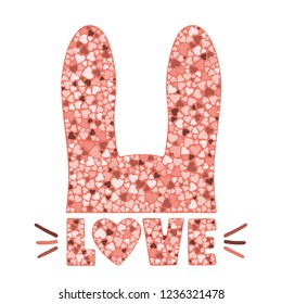 Mosaic silhouette rabbit with hearts. Love slogan. Vector illustration design for t shirt graphics, fashion prints, slogan tees and other uses