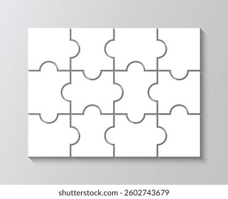 Mosaic silhouette of thinking game. Jigsaw outline grid with 12 details. Cutting template scheme. Modern background with separate shapes. Square puzzle pieces grid. Simple frame tiles. Vector