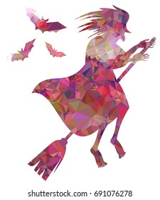 Mosaic silhouette of a witch flying on broom. Vector clip art.