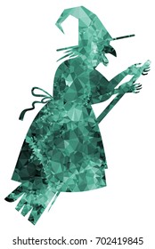 Mosaic silhouette of a witch flying on broom. Vector clip art.