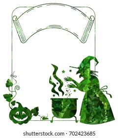Mosaic silhouette of a witch preparing potion in the magic cauldron. Vector clip art.