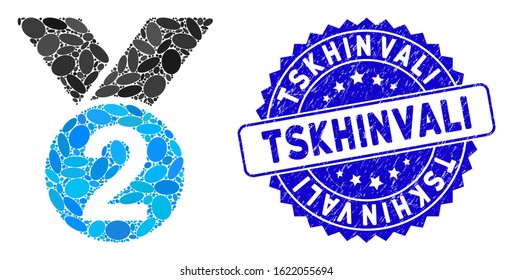 Mosaic silver medal icon and corroded stamp seal with Tskhinvali caption. Mosaic vector is designed from silver medal icon and with random elliptic items. Tskhinvali stamp uses blue color,