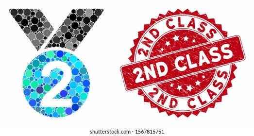 Mosaic silver medal and rubber stamp seal with 2Nd Class text. Mosaic vector is composed with silver medal icon and with randomized round spots. 2Nd Class stamp uses red color, and distress surface.