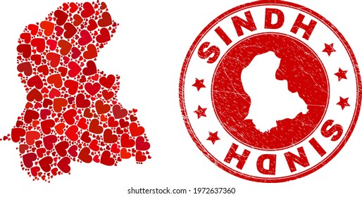 Mosaic Sindh Province map created with red love hearts, and rubber seal stamp. Vector lovely round red rubber seal stamp imprint with Sindh Province map inside.