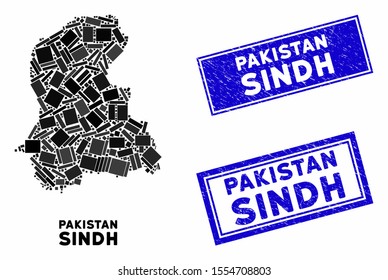 Mosaic Sindh Province map and rectangle seal stamps. Flat vector Sindh Province map mosaic of random rotated rectangular elements. Blue caption seal stamps with scratched textures.