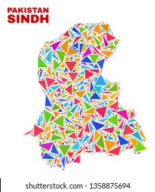 Mosaic Sindh Province map of triangles in bright colors isolated on a white background. Triangular collage in shape of Sindh Province map. Abstract design for patriotic decoration.