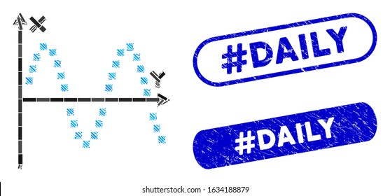 Mosaic sine plot and rubber stamp seals with #Daily phrase. Mosaic vector sine plot is designed with random rectangle items. #Daily seals use blue color, and have round rectangle shape.