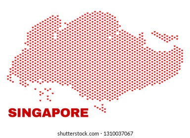 Mosaic Singapore map of heart hearts in red color isolated on a white background. Regular red heart pattern in shape of Singapore map. Abstract design for Valentine decoration.