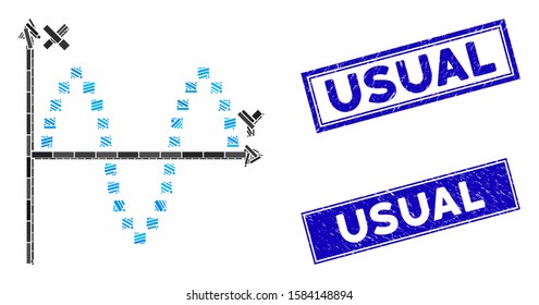Mosaic sinusoid plot pictogram and rectangle Usual watermarks. Flat vector sinusoid plot mosaic pictogram of random rotated rectangle elements. Blue Usual seals with dirty surface.