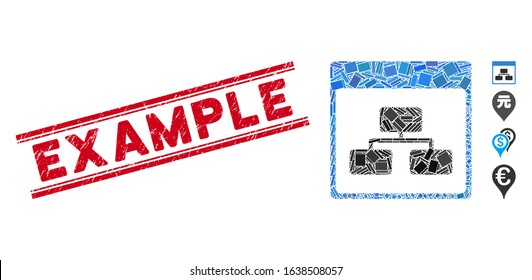 Mosaic site map pictogram and red Example stamp between double parallel lines. Flat vector site map mosaic pictogram of random rotated rectangle elements. Red Example stamp with grunge texture.