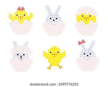 Mosaic of six elements. Easter chicks and bunnies in eggshell.