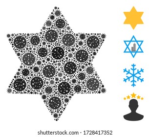 Mosaic six pointed star constructed from SARS virus elements in different sizes and color hues. Vector infection elements are combined into abstract mosaic six pointed star icon.