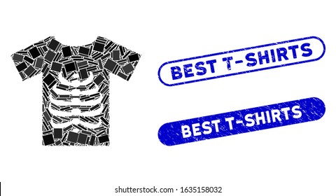 Mosaic skeleton T-shirt and corroded stamp watermarks with Best T-Shirts text. Mosaic vector skeleton T-shirt is created with scattered rectangle items. Best T-Shirts stamp seals use blue color,