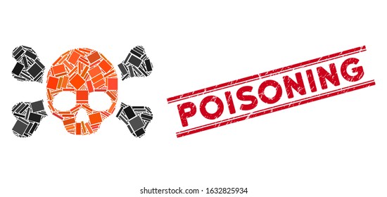 Mosaic skull and bones icon and red Poisoning stamp between double parallel lines. Flat vector skull and bones mosaic icon of randomized rotated rectangular items.
