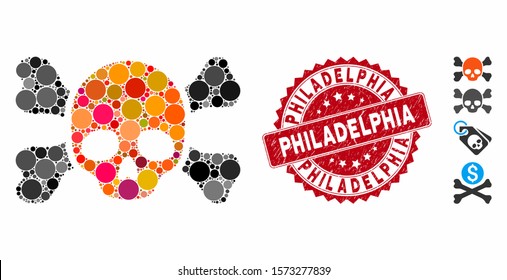 Mosaic skull and bones icon and rubber stamp seal with Philadelphia text. Mosaic vector is created with skull and bones pictogram and with random spheric spots. Philadelphia stamp seal uses red color,