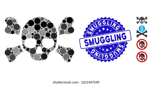 Mosaic skull crossbones icon and distressed stamp seal with Smuggling phrase. Mosaic vector is designed with skull crossbones icon and with random spheric items. Smuggling seal uses blue color,