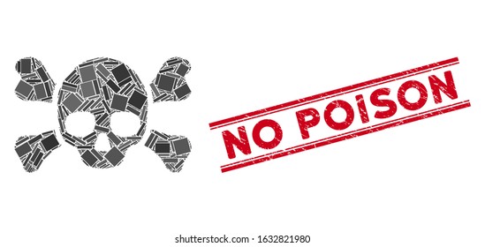 Mosaic skull crossbones icon and red No Poison stamp between double parallel lines. Flat vector skull crossbones mosaic icon of scattered rotated rectangular elements.