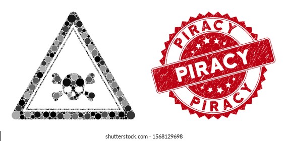 Mosaic skull death triangle and distressed stamp seal with Piracy text. Mosaic vector is composed with skull death triangle icon and with scattered circle items. Piracy stamp seal uses red color,