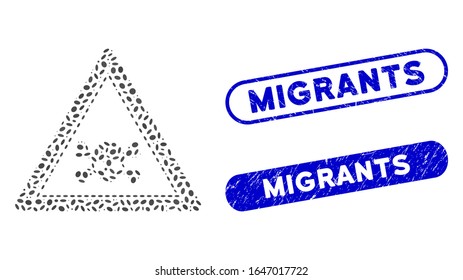 Mosaic skull death triangle and distressed stamp seals with Migrants text. Mosaic vector skull death triangle is formed with scattered oval dots. Migrants stamp seals use blue color,