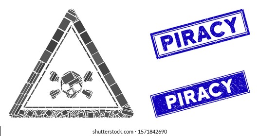 Mosaic skull death triangle pictogram and rectangular Piracy seal stamps. Flat vector skull death triangle mosaic pictogram of scattered rotated rectangular elements.