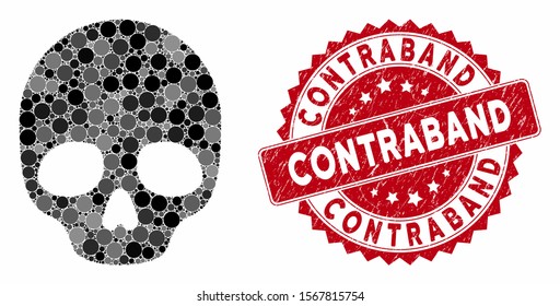 Mosaic skull and distressed stamp seal with Contraband caption. Mosaic vector is formed with skull icon and with scattered spheric elements. Contraband stamp seal uses red color,