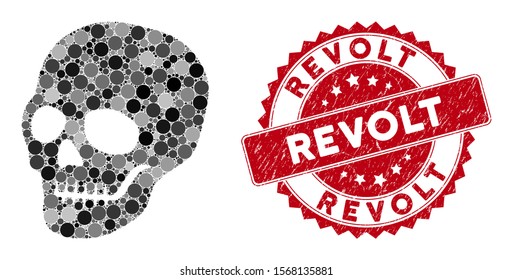 Mosaic skull and distressed stamp seal with Revolt caption. Mosaic vector is formed with skull icon and with scattered spheric elements. Revolt seal uses red color, and dirty surface.