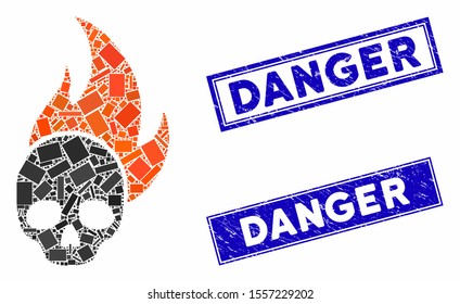 Mosaic skull fire pictogram and rectangular seal stamps. Flat vector skull fire mosaic pictogram of randomized rotated rectangular items. Blue caption watermarks with grunge textures.