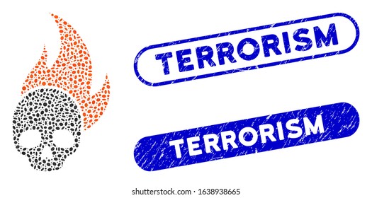 Mosaic skull fire and rubber stamp seals with Terrorism caption. Mosaic vector skull fire is formed with random elliptic pieces. Terrorism stamp seals use blue color, and have round rectangle shape.