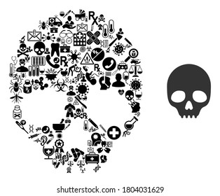 Mosaic skull of health symbols and basic icon. Mosaic vector skull is composed of health care items. Flat illustrations elements for pharmacy advertisement. Illustration is based on skull pictogram.
