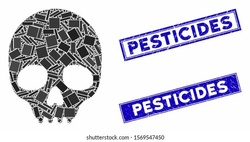 Mosaic skull pictogram and rectangle seals. Flat vector skull mosaic pictogram of random rotated rectangle items. Blue caption seal stamps with grunge textures.