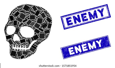 Mosaic skull pictogram and rectangular Enemy rubber prints. Flat vector skull mosaic pictogram of randomized rotated rectangular items. Blue Enemy seals with rubber surface.