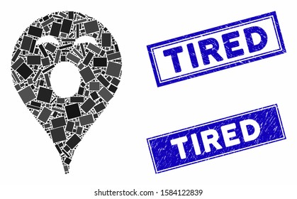 Mosaic sleepy smiley map marker pictogram and rectangular Tired seals. Flat vector sleepy smiley map marker mosaic pictogram of random rotated rectangular elements.