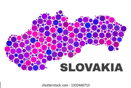 Mosaic Slovakia map isolated on a white background. Vector geographic abstraction in pink and violet colors. Mosaic of Slovakia map combined of random circle items.